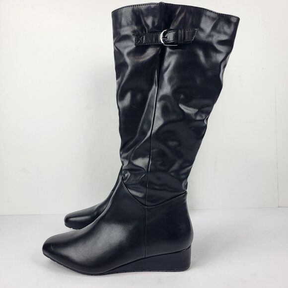 Anne Klein Flex Mollie Knee High Boots Low Wedge Black Size 8 - Picture 2 of 13